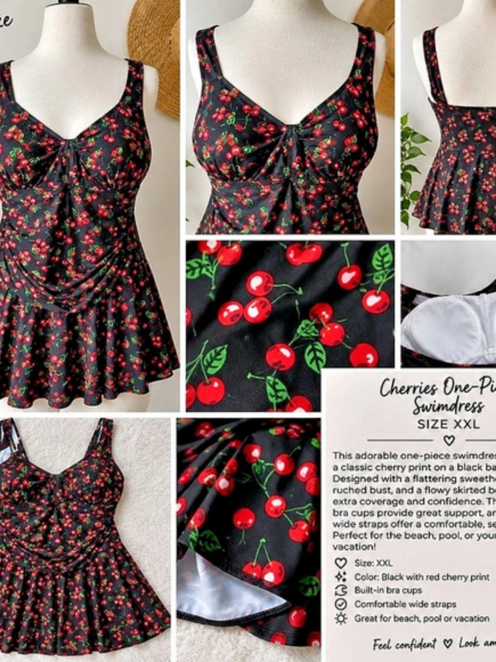 Cherries One-Piece Swimsuit Cherry Print One-Piece Swimsuit Size XXL NWT